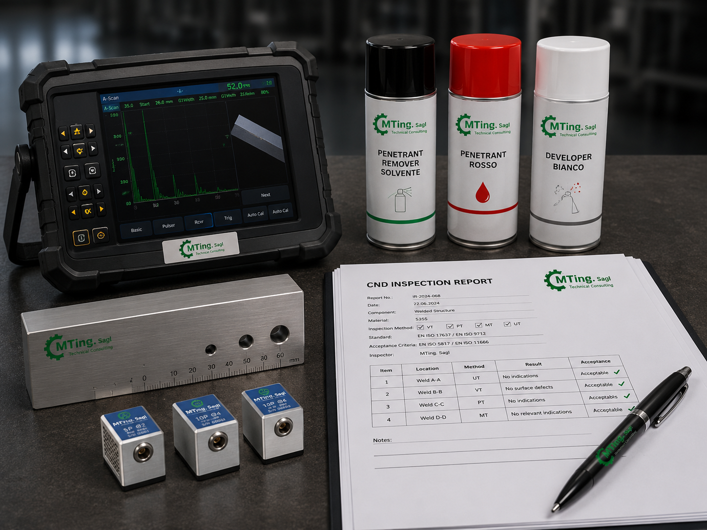 Strumentazione per controlli non distruttivi MTing: ultrasuoni, liquidi penetranti e report di ispezione