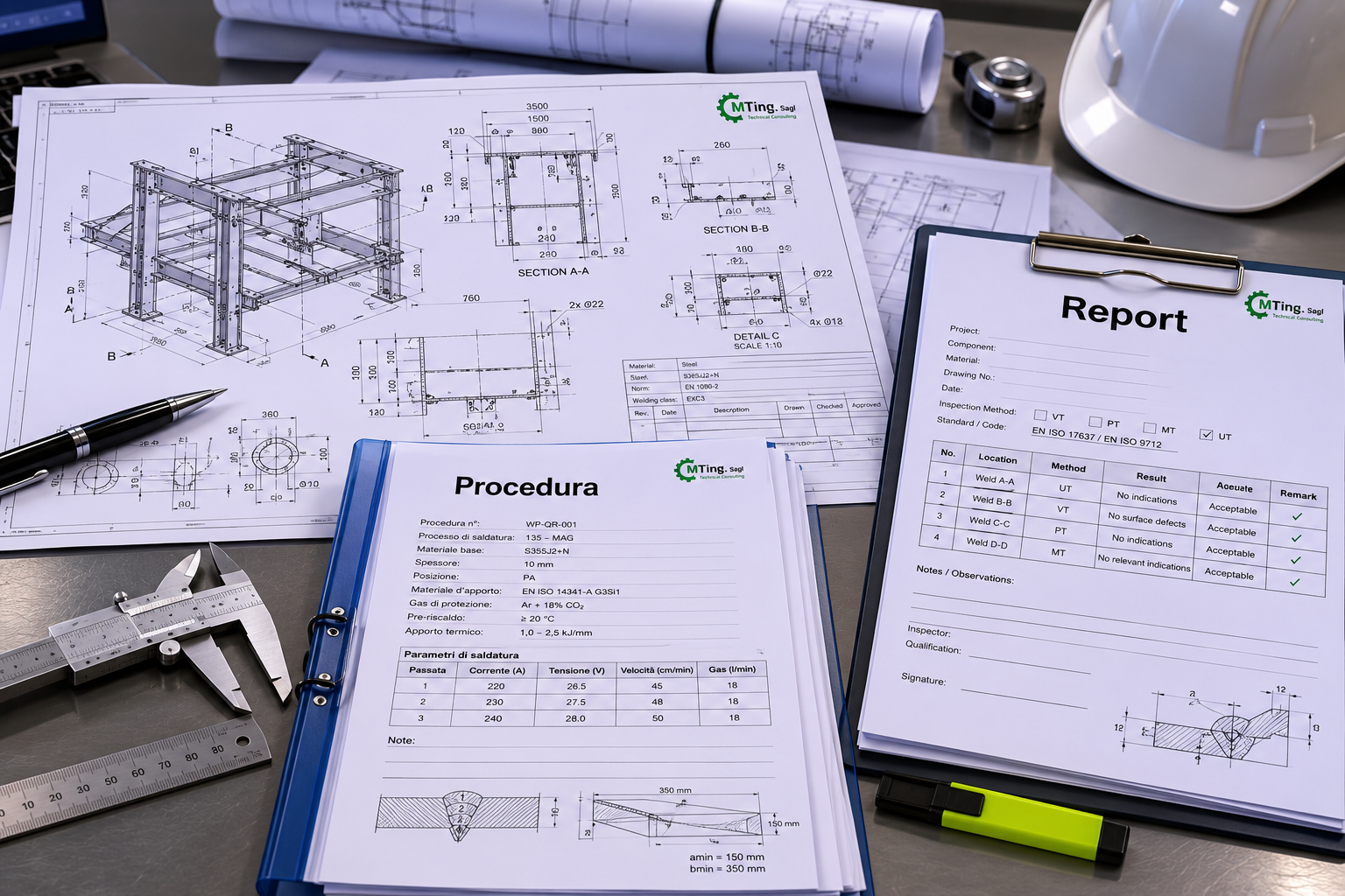 Documentazione di progetto MTing: disegni, procedura di saldatura (WPS) e report di ispezione