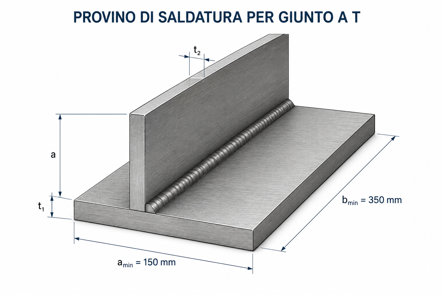 Provino di saldatura per giunto a T con quote a, b e spessori